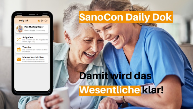 Blog Header Daily Dok Pflege-App. Auf dem Bild steht "SanoCon Daiy Dok - Damit wird das Wesentliche klar". Zu sehen ist ein Screenshot der Pflege-App